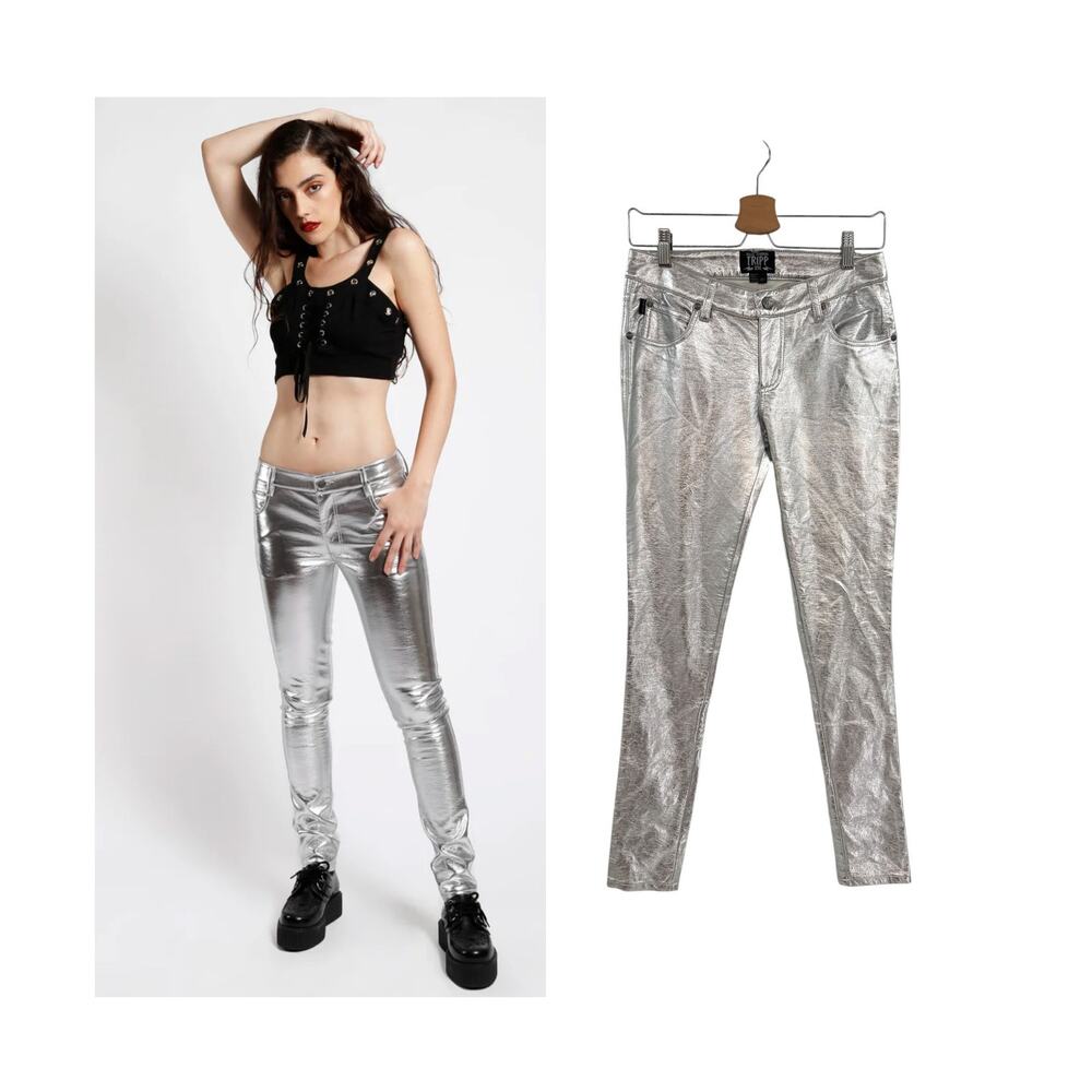 Tripp NYC Metallic Silver Faux Leather‎ Skinny Punk Pants Womens Size 25 1